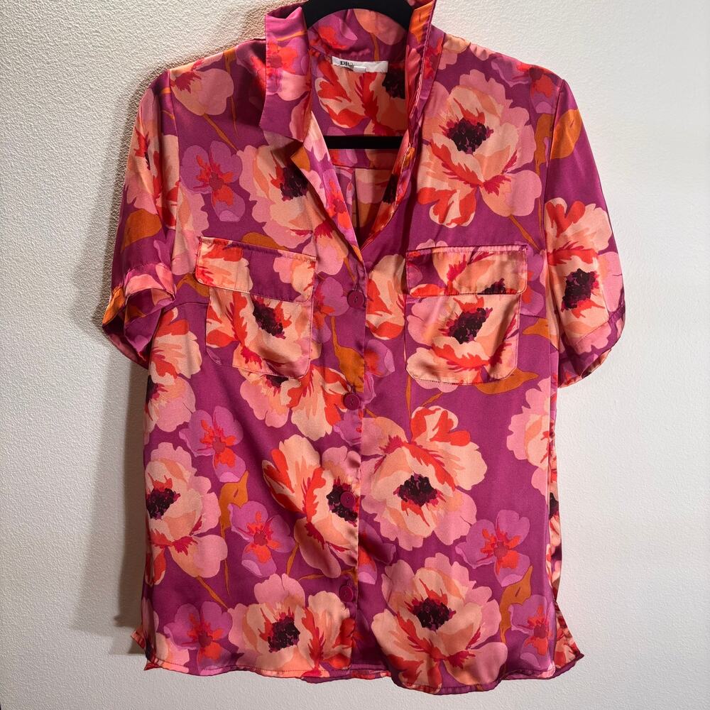 DR2 Womens Large Floral Satin Button Front Blouse Pink Purple Short Sleeve